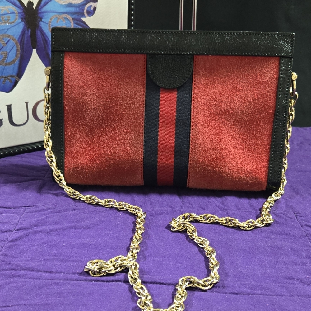GUCCI RED SUEDE BLACK LEATHER OPHIDIA SMALL SHOULDER/CROSSBODY BAG - Picture 2 of 13